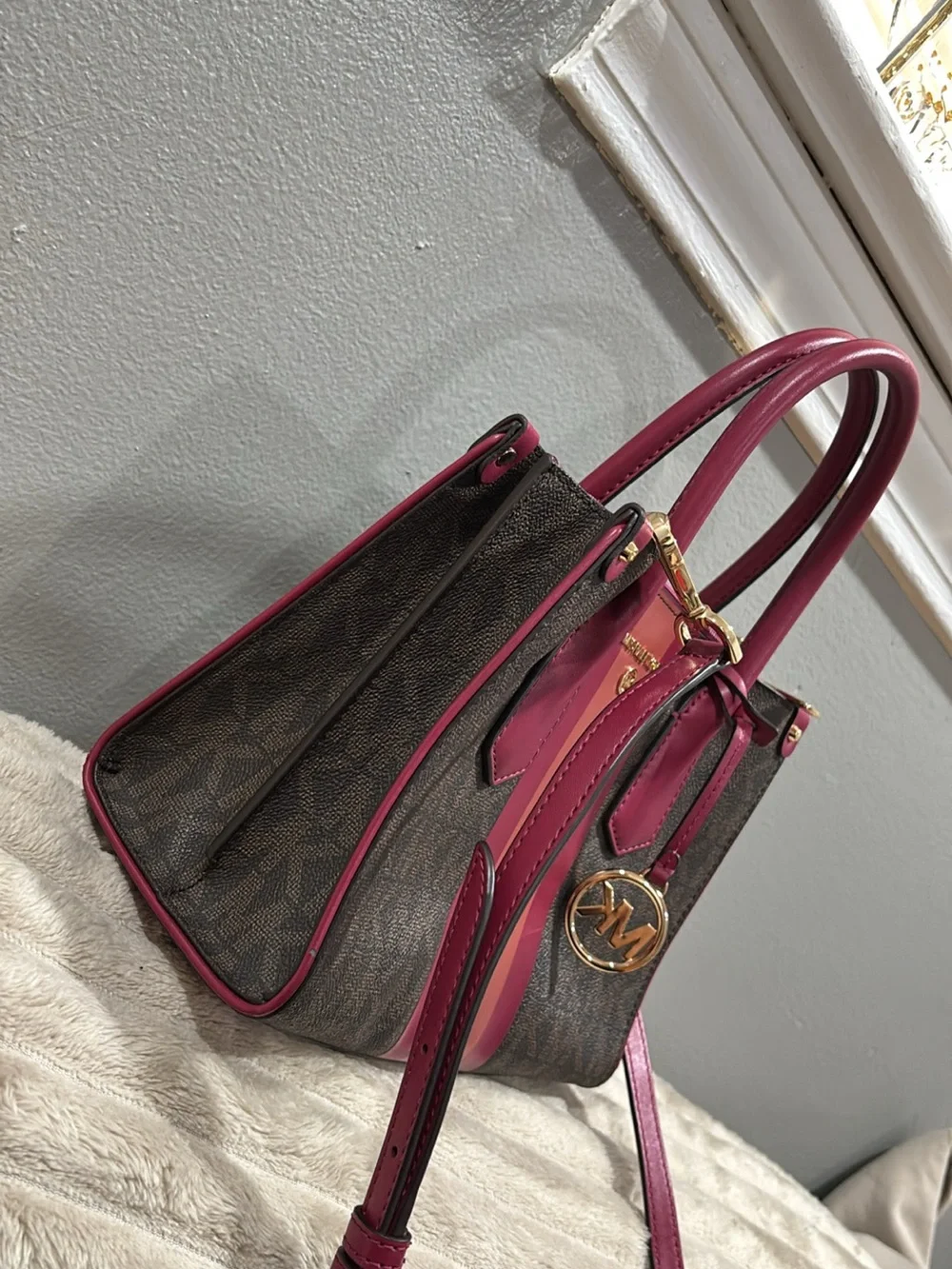 Michael Kors Brown Signature Satchel with Pink and Coral Stripes